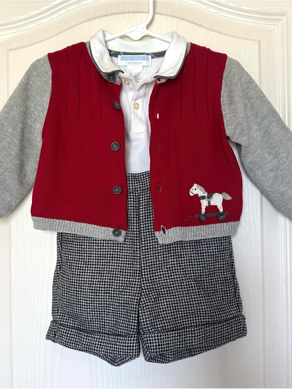 Janie and Jack Baby Boy Horse Cardigan Houndstooth Suspender Set 6–12M